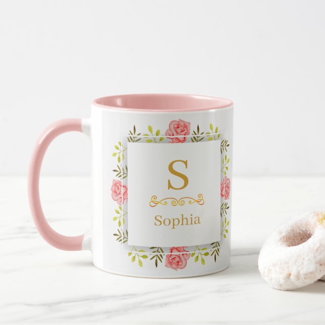Aquarell-Blumenmonogramm I Individuelle Goldinitia Tasse (Mit Donut)