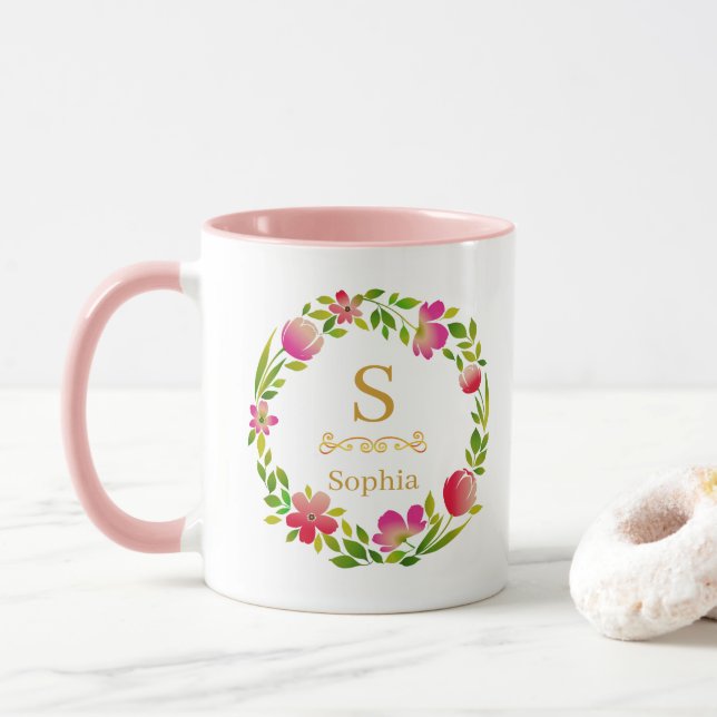 Aquarell-Blumenmonogramm I Individuelle Goldinitia Tasse (Mit Donut)