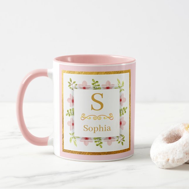 Aquarell-Blumenmonogramm I Individuelle Goldinitia Tasse (Mit Donut)