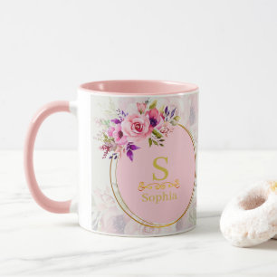 Aquarell-Blumenmonogramm I Individuelle Goldinitia Tasse