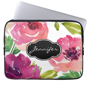 Aquarell-Blumenmuster mit Monogramm Laptopschutzhülle