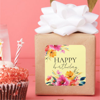 Aquarell-Blumenmuster | Moderne Floral Quadratischer Aufkleber