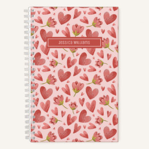 Aquarell-Blumenmuster rote Blume und Herz Notizbuch