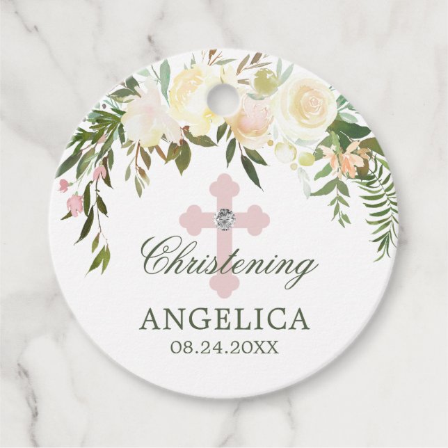 Aquarell Blumenrosa Ivory Taufe Christening Geschenkanhänger (Vorderseite)