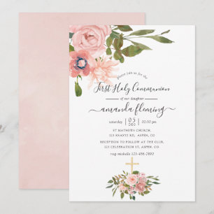 Aquarell-Blumenrosa und Roségold-Erstkommunion Einladung