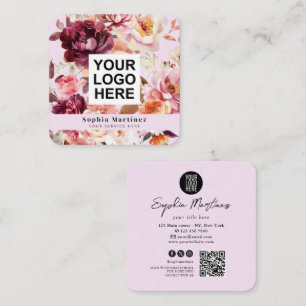 Aquarell-Blumenstrauß Floral Burgund & QR-Code-Log Quadratische Visitenkarte