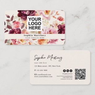 Aquarell-Blumenstrauß Floral Burgund & QR-Code-Log Visitenkarte