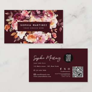 Aquarell-Blumenstrauß Floral Burgund & QR-Code-Log Visitenkarte