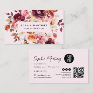 Aquarell-Blumenstrauß Floral Burgund & QR-Code-Log Visitenkarte