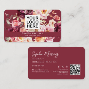 Aquarell-Blumenstrauß Floral Burgund & QR-Code-Log Visitenkarte