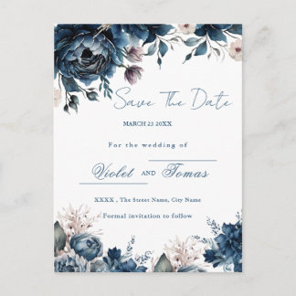 Aquarell-Blumenstrauß navyblau Save The Date Postkarte