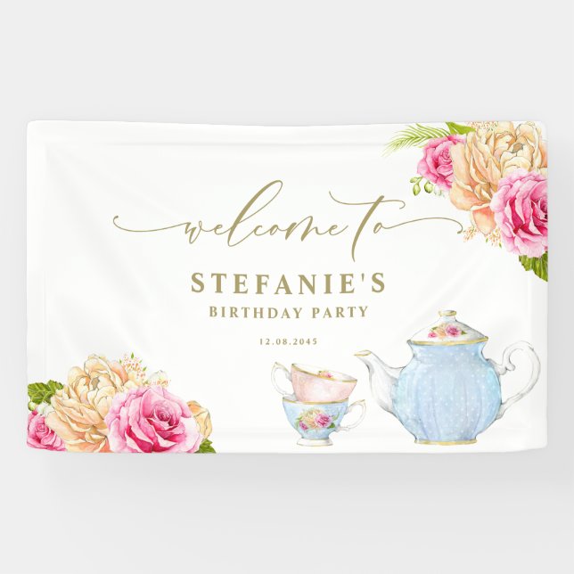 Aquarell-Blumentee-Service Geburtstagsfeier Banner (Horizontal)