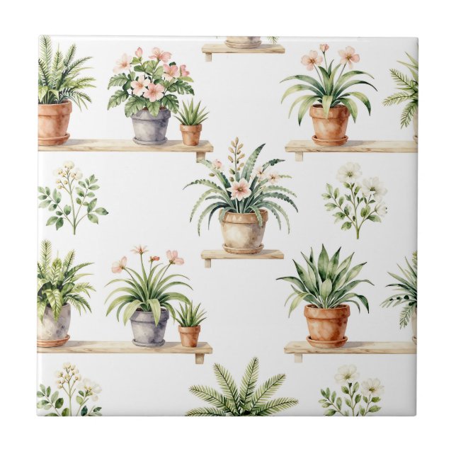 Aquarell-Blumentopf-Regal-Muster Fliese (Vorderseite)