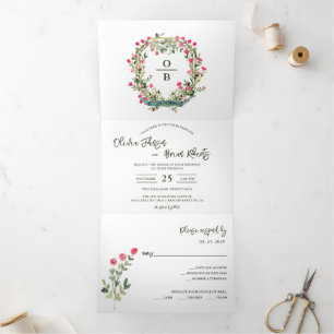 Aquarell-Blumenwappen/-Kranz Gartenhochzeit Dreifach Gefaltete Einladung