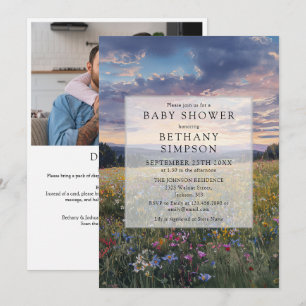 Aquarell-Blumenwiese-Foto-QR-Code-Baby-Shower-Einl Einladung