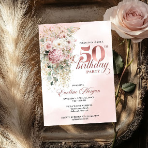 Aquarell-Blush-Blumen-Grün 50. Geburtstag  Einladung