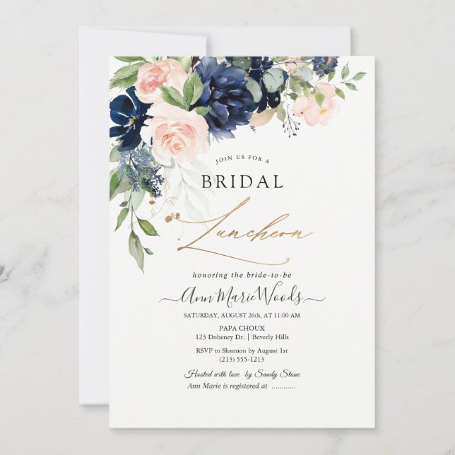 Aquarell Blush Navy Blue Blumen Bridal Lunchoen Einladung (Vorderseite)