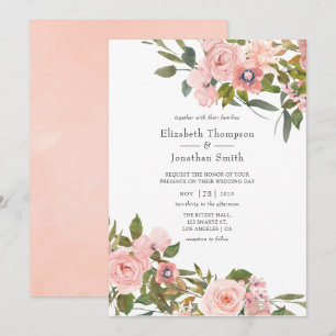 Aquarell-Blush-Pink- und Roségold-Rosen-Hochzeit Einladung
