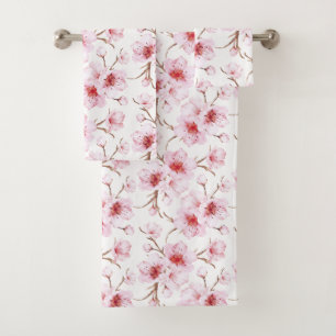Aquarell-Blüten-Kirschblüten Rosa Weiß Badhandtuch Set