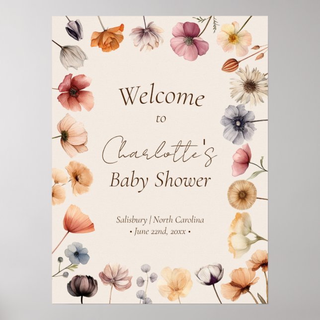 Aquarell Blütenbeige Babydusche Begrüßung Poster (Vorne)