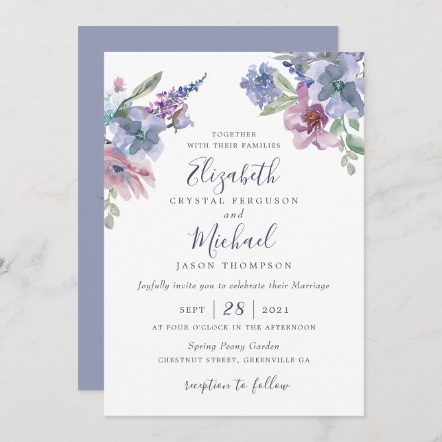 Aquarell Blütenblau Lila Blüten Moderne Einladung (Vorne/Hinten)