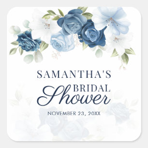 Aquarell-Blütenblüte Blaue Weiße Hochzeitsdusche Quadratischer Aufkleber