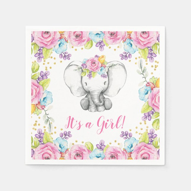 Aquarell Blütenelefant Es ist eine Girl Baby Dusch Serviette (Vorderseite)