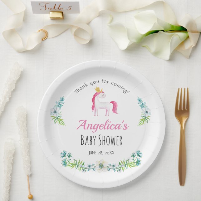 Aquarell Blütenrosa Einhorn Kinderdusche Pappteller (Hochzeit)