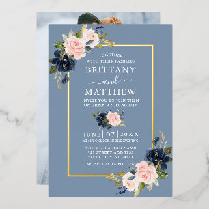 Aquarell Blütenrosa Tusty Blue Foto Gold Folieneinladung