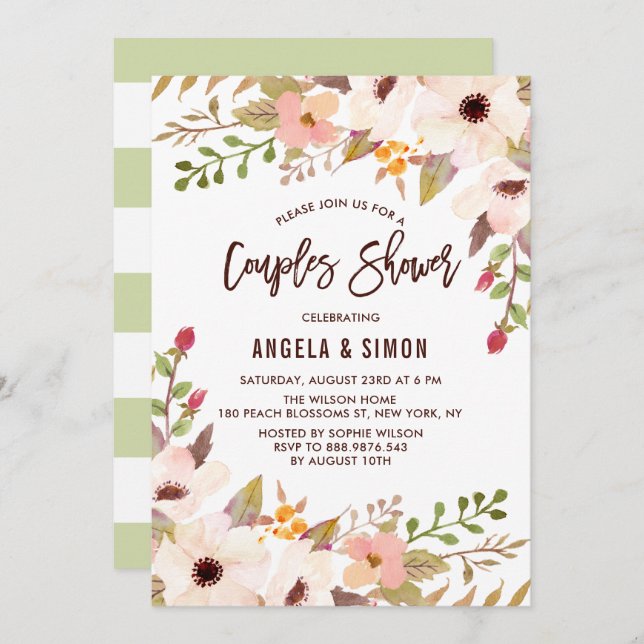 Aquarell Bohemische Blume Paare Dusche Einladung (Vorne/Hinten)