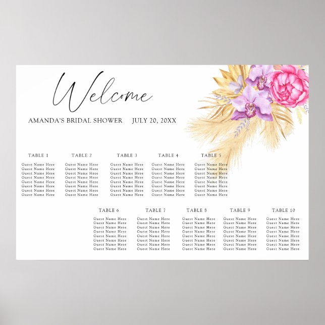Aquarell-Boho-Blumen-Hochzeitssitzplan Poster (Vorne)