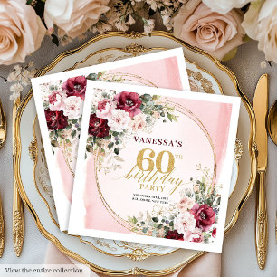 Aquarell Boho Burgunder-Rosa 60. Geburtstag Servie Serviette