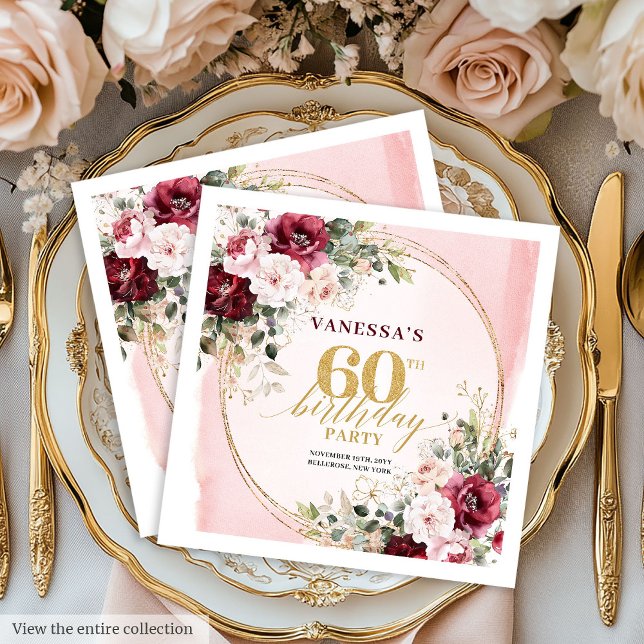 Aquarell Boho Burgunder-Rosa 60. Geburtstag Servie Serviette (Watercolor Boho Burgundy Blush 60th Napkins)