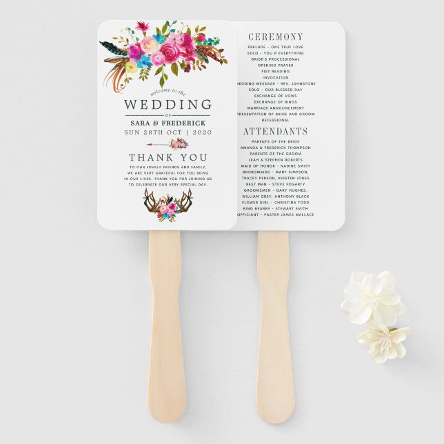 Aquarell Boho Chic Florales Hochzeitsprogramm Fächer (Vorne und Hinten)