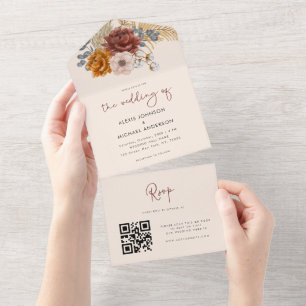 Aquarell Boho Floral getrocknetes Pampasgras QR-Co All In One Einladung