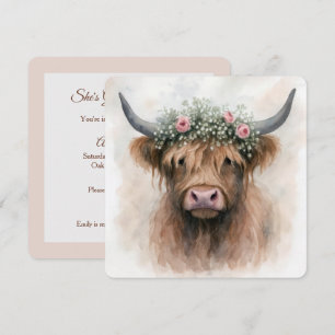 Aquarell Boho Highland-Kuh mit Brautschmuck Einladung