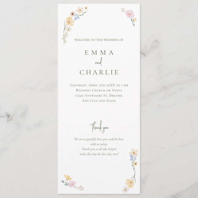 Aquarell-Boho-Hochzeit mit Blumenzeremonie Programm (Vorderseite)