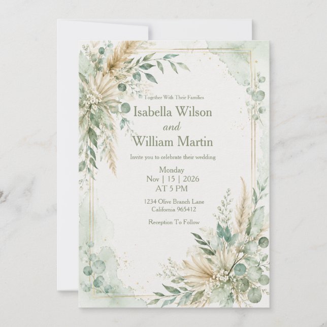 Aquarell Boho Mintgrüne Hochzeit Einladung (Vorderseite)