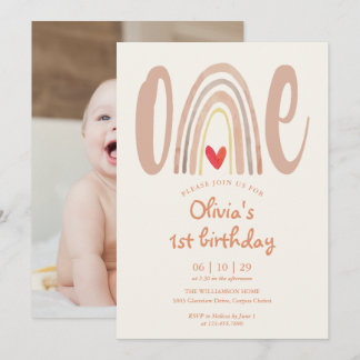 Aquarell Boho Regenbogen Herz Foto 1. Geburtstag Einladung