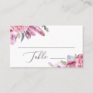 Aquarell Boho rosa Blumen und Federn Hochzeit Platzkarte