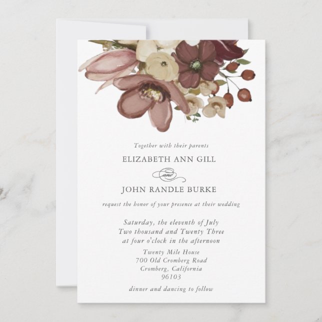Aquarell Boho Rose & Neutrale Hochzeit Einladung (Vorderseite)
