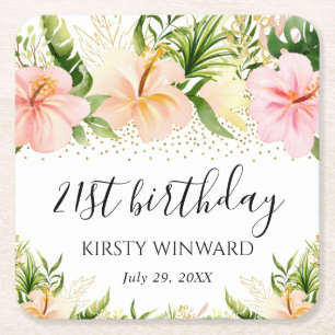 Aquarell Boho Tropische rosa Blumen Geburtstag Rechteckiger Pappuntersetzer