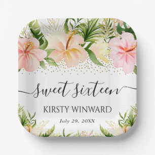 Aquarell Boho Tropische rosa Blumen Sweet 16 Pappteller