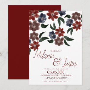 Aquarell-Bordeaux-Blau-Plüsch-Rosa-Floral-Hochzeit Einladung