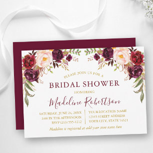 Aquarell-Bordeaux-Blumen-Braut-Shower Gold Einladung