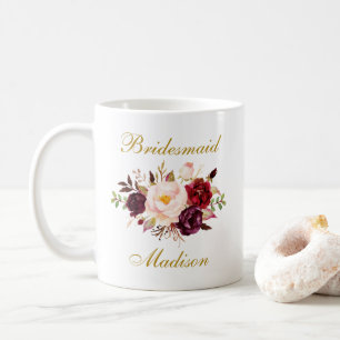 Aquarell-Bordeaux-Blumen-Gold-Brautjungfer-Name Kaffeetasse