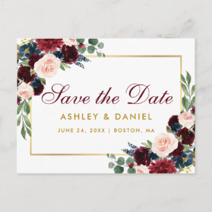 Aquarell-Bordeaux-Blumen-Gold Save-the-Date Ankündigungspostkarte