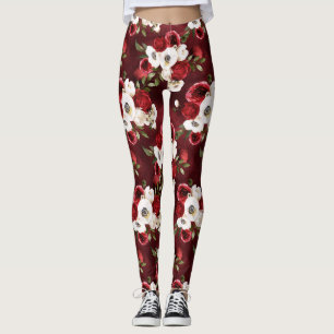 Aquarell-Bordeaux-Blumenmuster Leggings