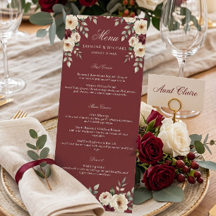 Aquarell-Bordeaux-Elfenbein-Blumen-Winterhochzeit Menükarte