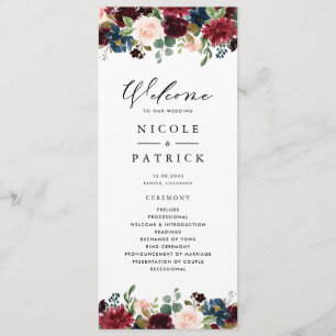 Aquarell-Bordeaux- und Blaue Blumen-Hochzeit Programm